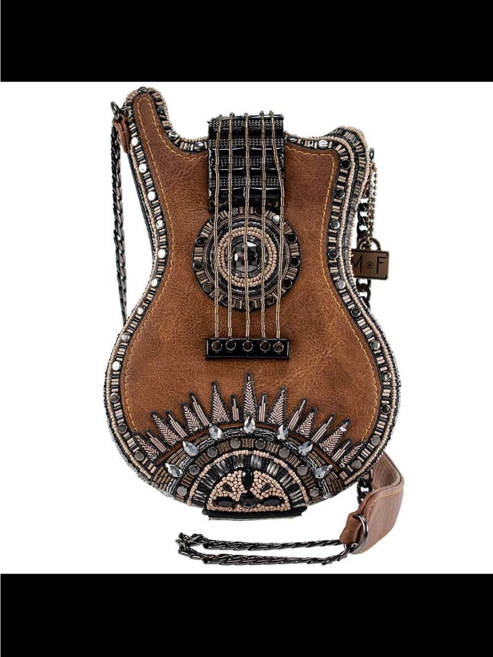 Mary Frances Open Mic Beaded  Brown Guitar-Shaped Crossbody Bag BNWT